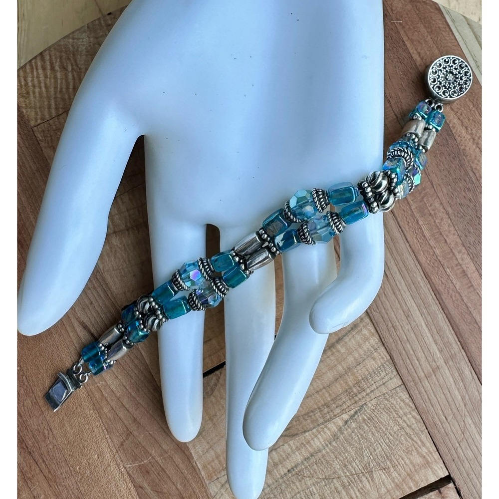 VTG Artisan Bead Bracelet 6.5 Inch Swarovski Blue AB Crystals 925 Sterling 30.7g